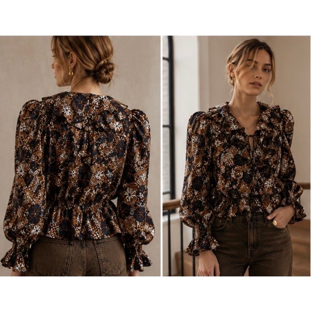 NWT Ulla Johnson Kalila Bronze Ruffle Peplum Cotton Blouse Size 6 - Picture 2 of 10